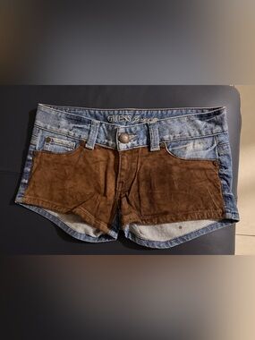 Guess Y2K blue denim shorts with brown suede panels